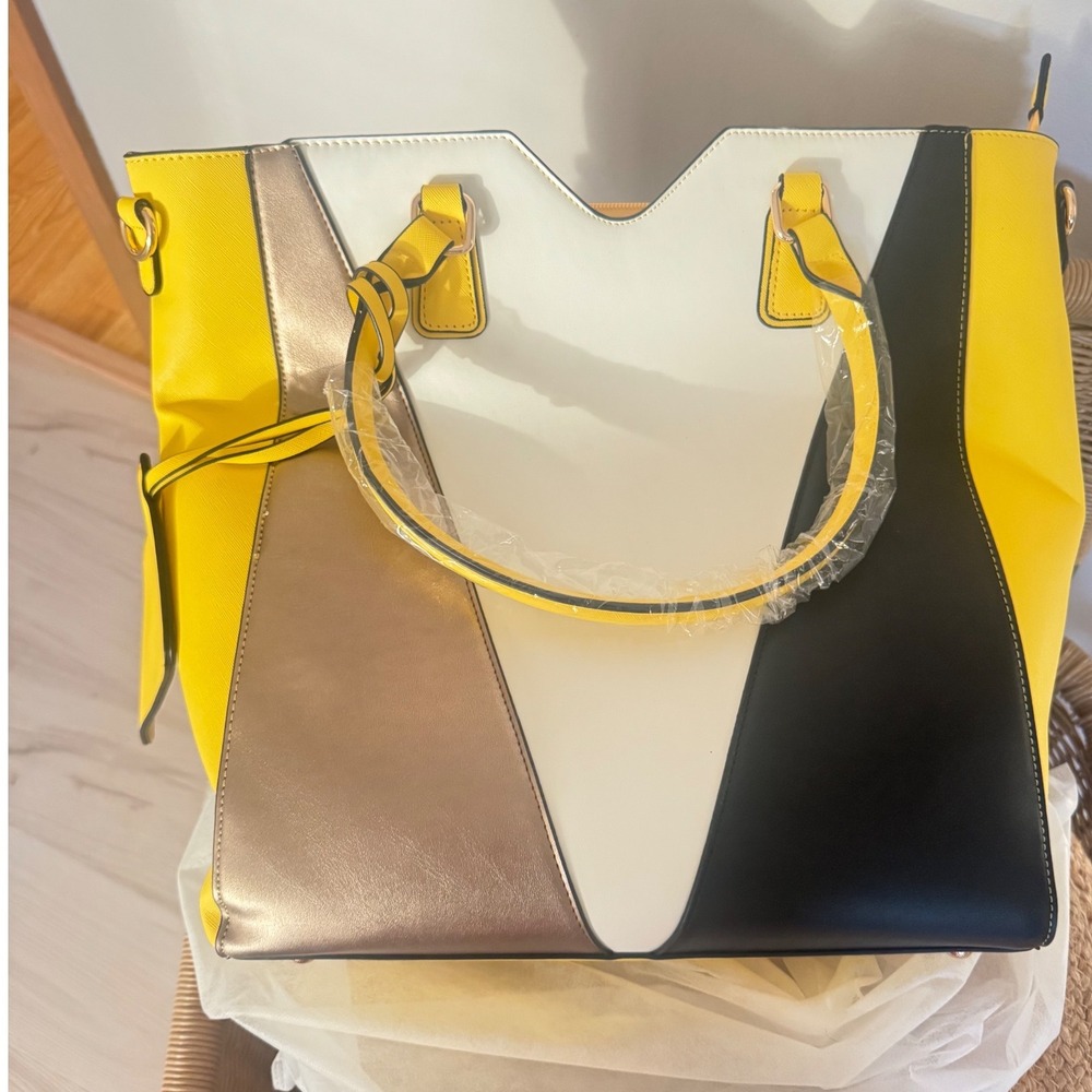 Large Yellow Colorblock Tote Bag Set 3 Piece-crossbody- Wallet - Picture 2 of 7